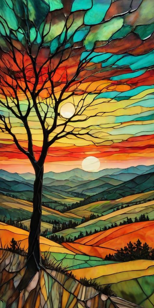 A vibrant abstract painting on Tiffany Glass, blending acrylic and alcohol ink techniques, captures a dramatic sunset over rolling hills. The artwork features a textured, rocky foreground in green and brown, layered abstract hills, and a striking sunset in rich oranges, yellows, and reds. A solitary black tree with intricate branches contrasts against the fiery sky, creating a dynamic and expressive portrayal of a breathtaking natural scene.