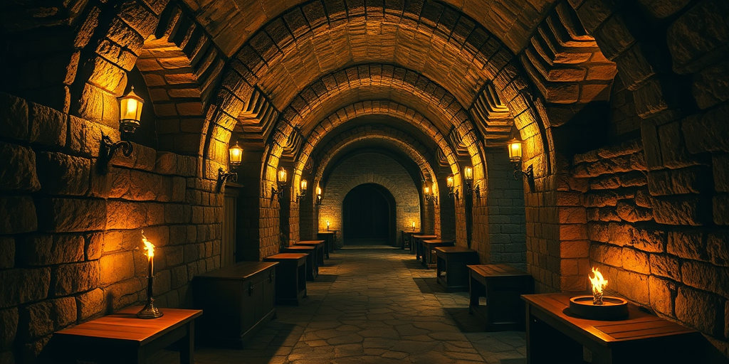 Create a dimly lit medieval dungeon corridor with stone walls and arches, illuminated by flickering torches, featuring wooden furniture and treasure chests, taken with a DSLR camera at f/2.8, ISO 800, 24mm lens, HDR style, with a wide-angle view to capture the depth and atmosphere.