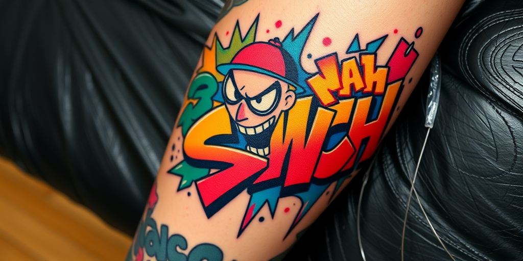 Colorful new school body tattoo featuring cartoon-inspired characters and bold graffiti elements on the calf, incorporating vibrant primary colors and thick outlines