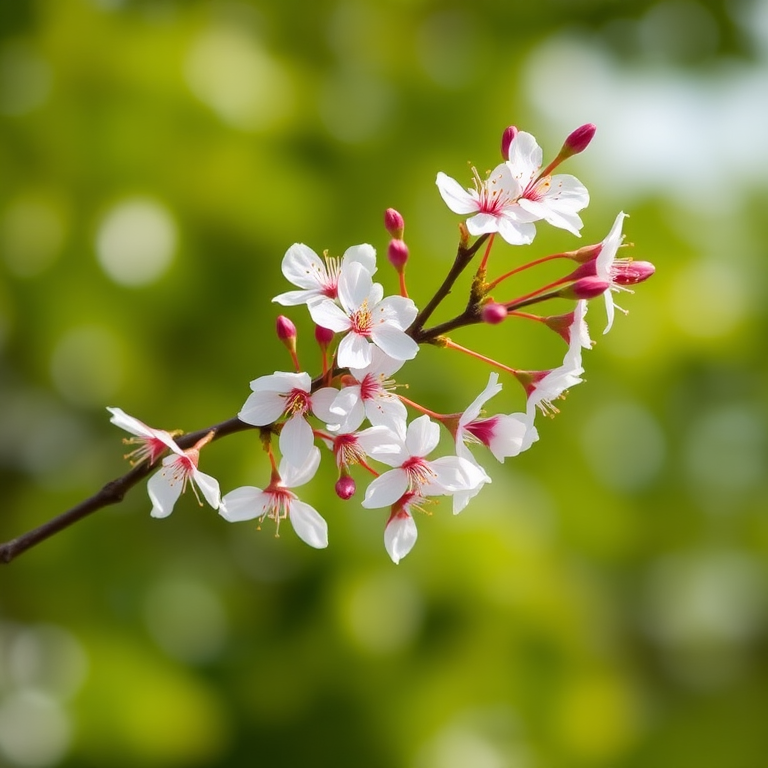 Flowering cherry blossoms on a slender branch against a blurred green background, captured with a DSLR camera using a 50mm lens, aperture f/2.8, shutter speed 1/500s, ISO 100, in natural light.