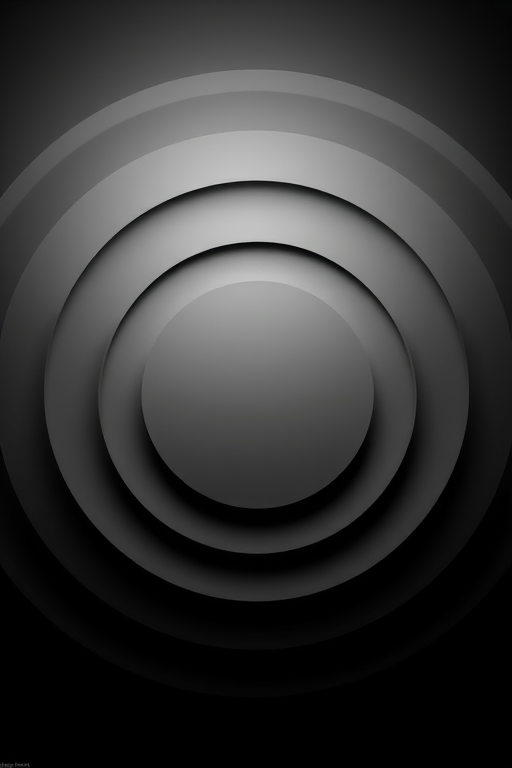 Create a high-contrast abstract image of concentric circular patterns with a smooth gradient transition from dark to light gray, captured using a DSLR camera with a 50mm lens, aperture f/2.8, ISO 100, and a slightly angled top-down view for depth.