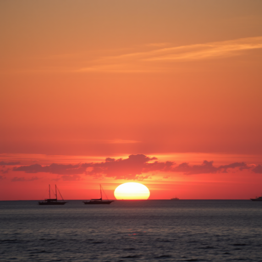 sunset over the ocean with silhouettes of boats, shot with a Canon EOS R5, 50mm lens, aperture f/1.8, shutter speed 1/1000s, ISO 200, natural light, golden hour, soft focus for dreamy effect