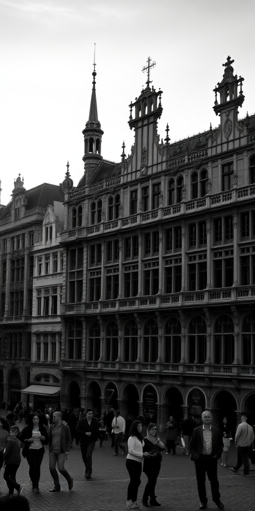 High-resolution monochrome photograph of the Grand Place in Brussels featuring intricate architecture, golden hour lighting, with a wide-angle view, ISO 200, aperture f/11, shutter speed 1/125 sec, taken with a full-frame DSLR camera.