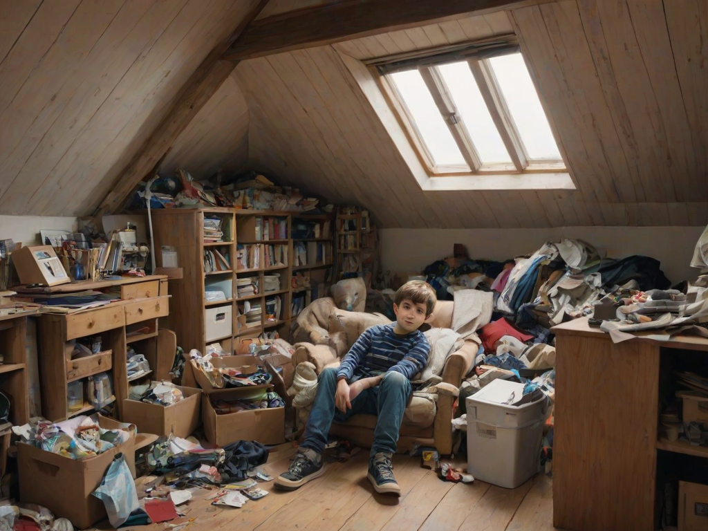 1boy, casual clothes, clutter, 4ttic, attic, slanted roof, indoors, window