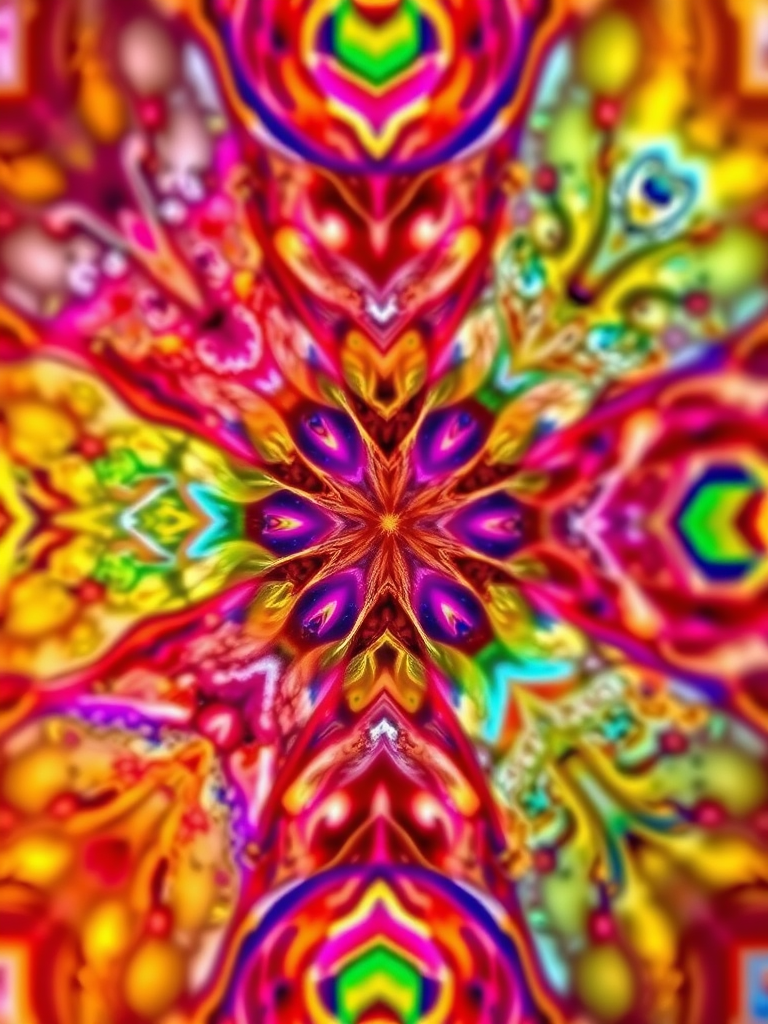 Generate a high-resolution abstract pattern with vibrant colors and intricate details, shot using a Canon EOS R5 at f/2.8, ISO 100, with a 50mm lens in macro mode, utilizing a soft focus technique for a dreamy effect.