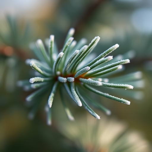 close-up of frosted pine needles with soft bokeh background, natural light, ISO 100, f/2.8, 1/250s, macro lens, DSLR