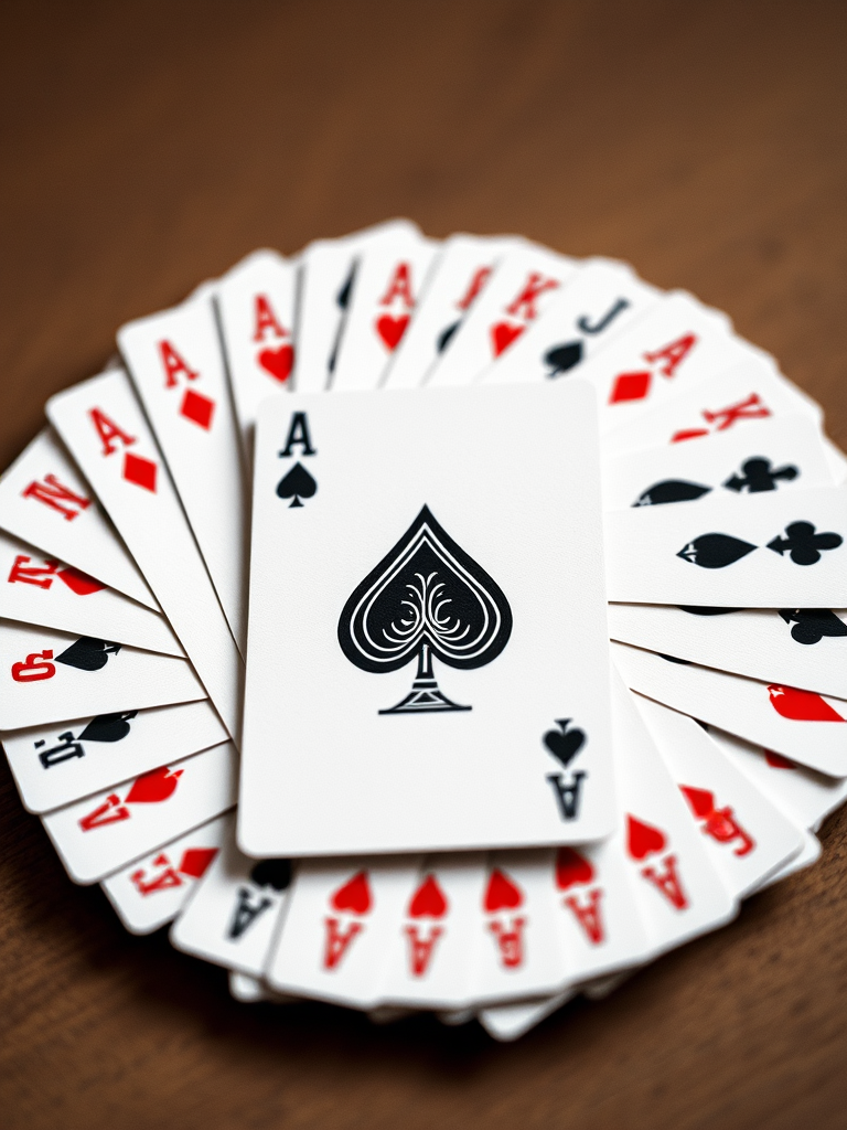 Create an image of a deck of playing cards arranged in a fan layout with the Ace of Spades prominently displayed, using a DSLR camera with a 50mm lens, f/2.8 aperture, 1/125s shutter speed, and ISO 100, capturing the cards in sharp focus with a soft blurred background.