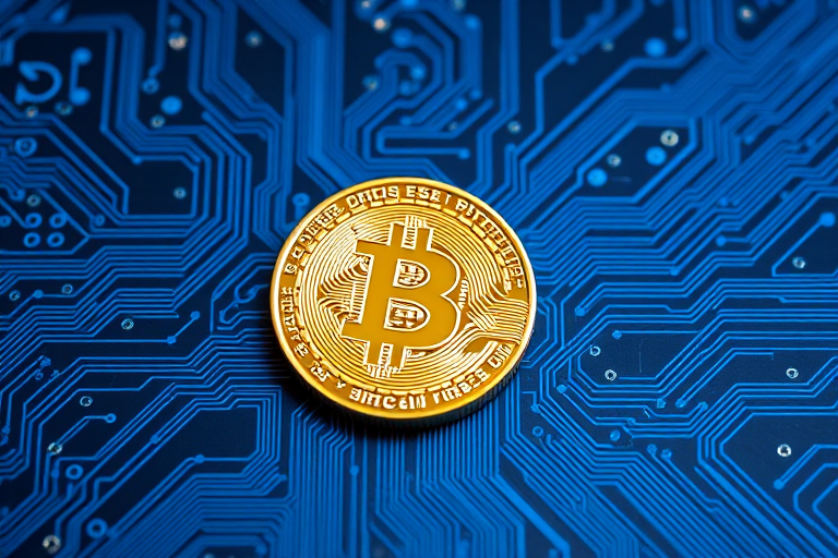 Create a high-resolution image of a gold Bitcoin on a circuit board background with intricate blue circuitry details, using a DSLR camera with a 50mm lens, f/1.8 aperture, ISO 100, and 1/60 shutter speed, captured from a slightly elevated angle to enhance depth and detail.