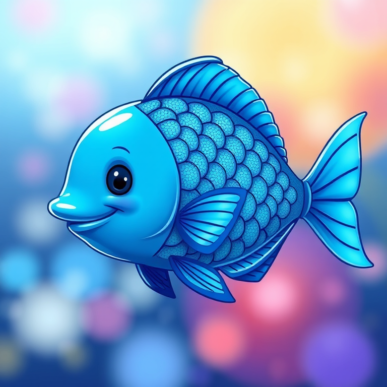 Create a vibrant illustration of a blue cartoon fish swimming gracefully, with detailed scales and flowing fins, using a soft focus to enhance the artistic quality, shot from a slightly above angle using a digital drawing tablet, with a resolution of 300 DPI and an aspect ratio of 16:9.
