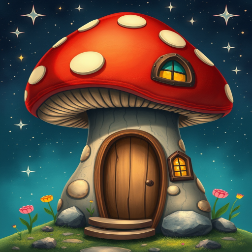create illustration of a mushroom house with a door and a window, a storybook , fantasy art, mushroom house, bg starry sky, sparkles