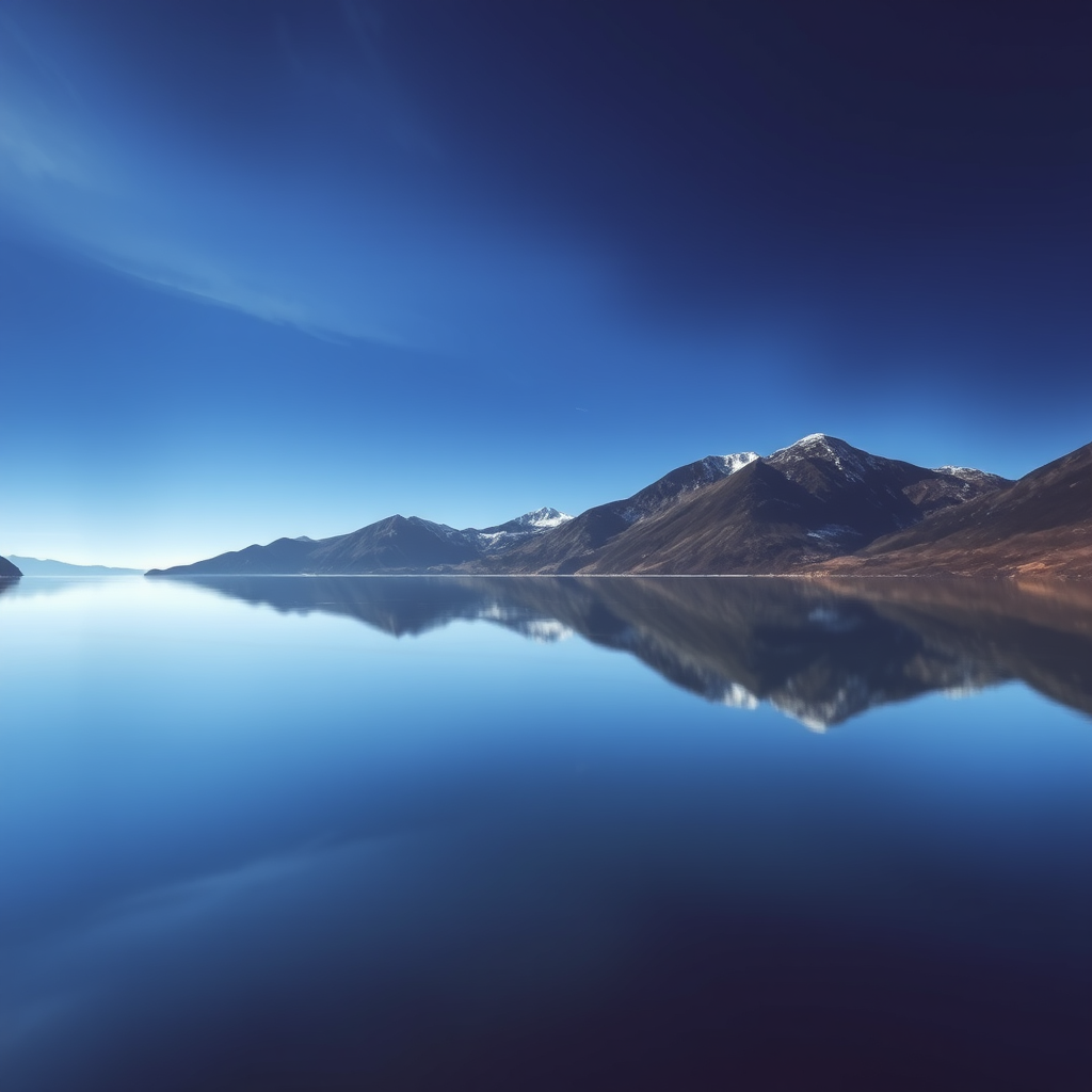 Create an image of a serene landscape featuring a calm lake reflecting mountains under a clear blue sky, shot with a DSLR camera at f/8 aperture, ISO 100, 1/200 sec shutter speed, using a wide-angle lens from a low angle perspective for an immersive view.