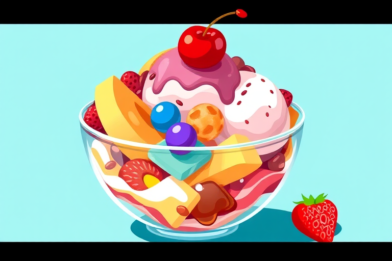 Create a vibrant illustration of a dessert bowl filled with a colorful mixture of ice cream and fruit, featuring a shiny cherry on top, with a smooth turquoise background, captured in a digital illustration style using a simulated DSLR camera effect, focus set to macro for detail enhancement, aperture at f/2.8 for depth of field, and rendered in high resolution.