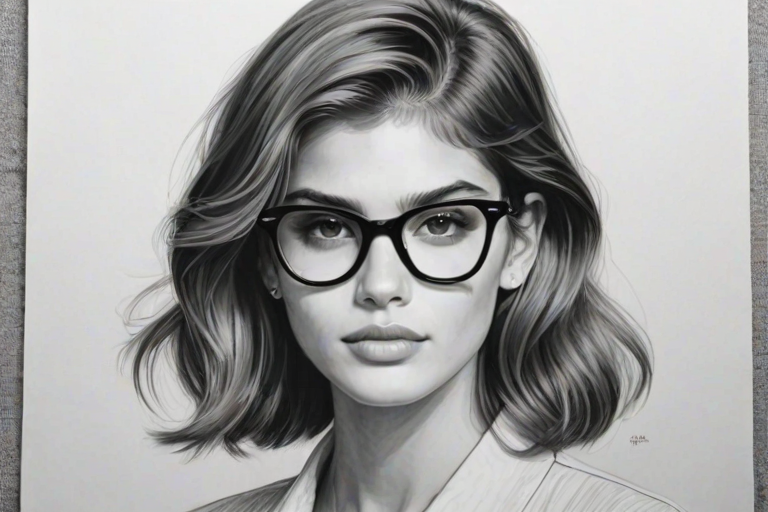 Lovely Kaia Gerber, pencil sketch, portrait of Superb woman 1954s in glasses, hair style beatnik, outline, clear lines, fine lines, 8k