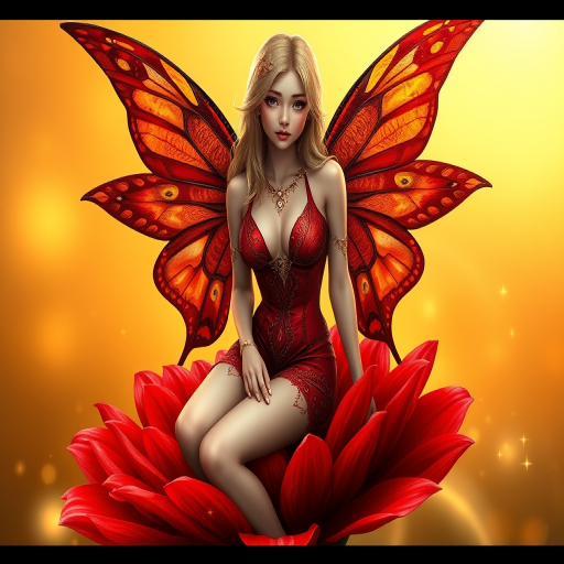 A digital artwork features a winged fairy with delicate Scarlet butterfly wings, adorned with intricate Kiwi andOrange patterns. She is seated on a vibrant Charcoal flower, wearing a revealing red two-piece outfit with sparkling beadwork. Her fair skin, long blonde hair, and gold jewelry add to her ethereal appearance. The background is a warm, golden gradient, creating a magical atmosphere. Small glowing orbs and sparkles surround the flower, enhancing the enchanting, highly detailed, and realistic scene.