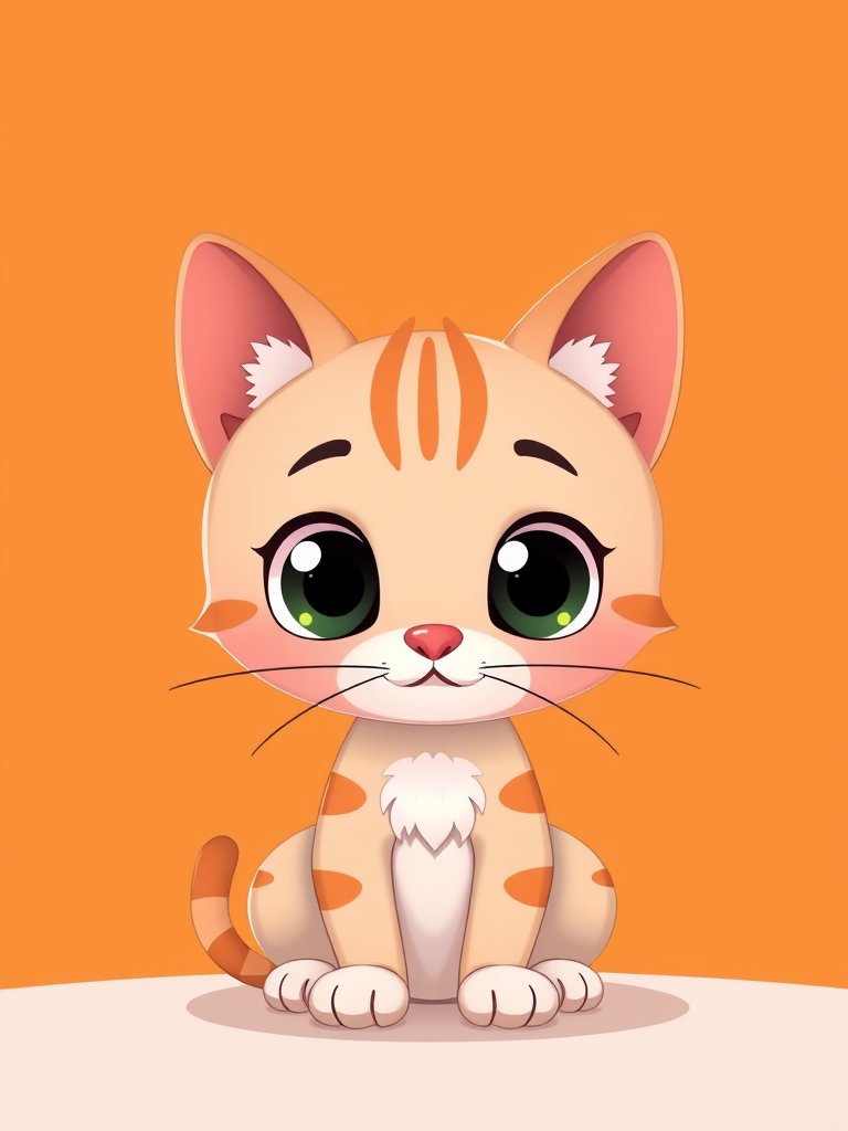 create a digital illustration of a cute cartoon cat with big eyes sitting on a flat surface, vibrant orange background, use a 50mm lens, aperture f/2.8, focal length 50mm, ISO 100, soft focus style, high-resolution digital art