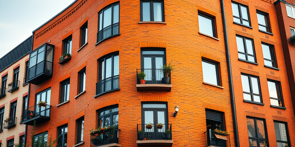 Generate a high-resolution image of an orange brick building with a spiral design, featuring large windows and balconies adorned with plants, using a DSLR camera with a 50mm lens, f/1.8 aperture, ISO 100, shot at golden hour for soft lighting, while maintaining a low angle view to emphasize the building's curves.