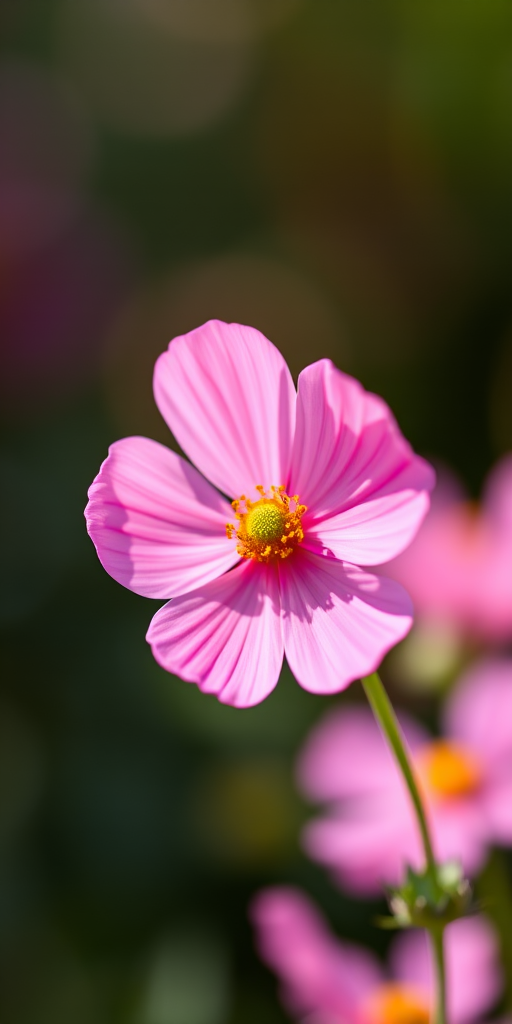 Capture a close-up of a pink cosmos flower with a shallow depth of field, f/2.8 aperture, ISO 100, 85mm lens, natural lighting, with a soft bokeh background, using a DSLR camera.