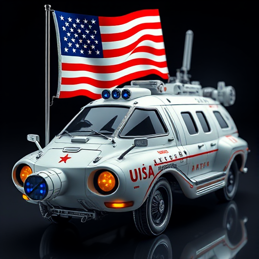 futuristic exploration vehicle with USA flag, highly detailed, 3D rendering, vibrant colors, studio lighting, close-up view, camera settings 85mm f/1.8, ISO 100, natural light, high dynamic range, digital SLR camera, realistic texture and reflections