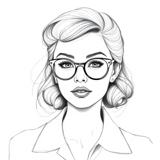 Beauteous Miranda Cosgrove, pencil sketch, portrait of Fetching woman 1946s in glasses, hair style beatnik, outline, clear lines, fine lines, 8k