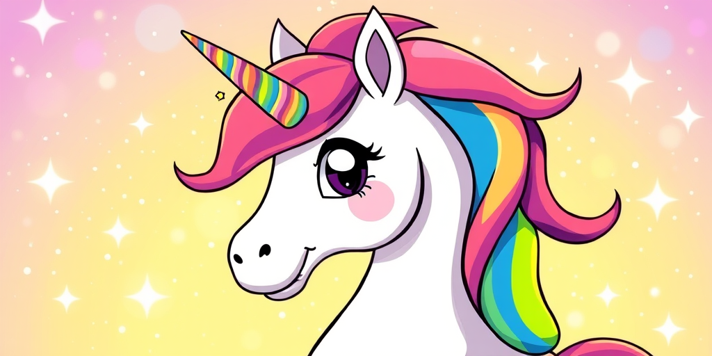 Create a vibrant, cartoon-style illustration of a unicorn with a flowing rainbow mane and a sparkly background, using a Canon EOS R5 with an 85mm lens at f/1.8, ISO 100, and a soft focus to enhance color quality.