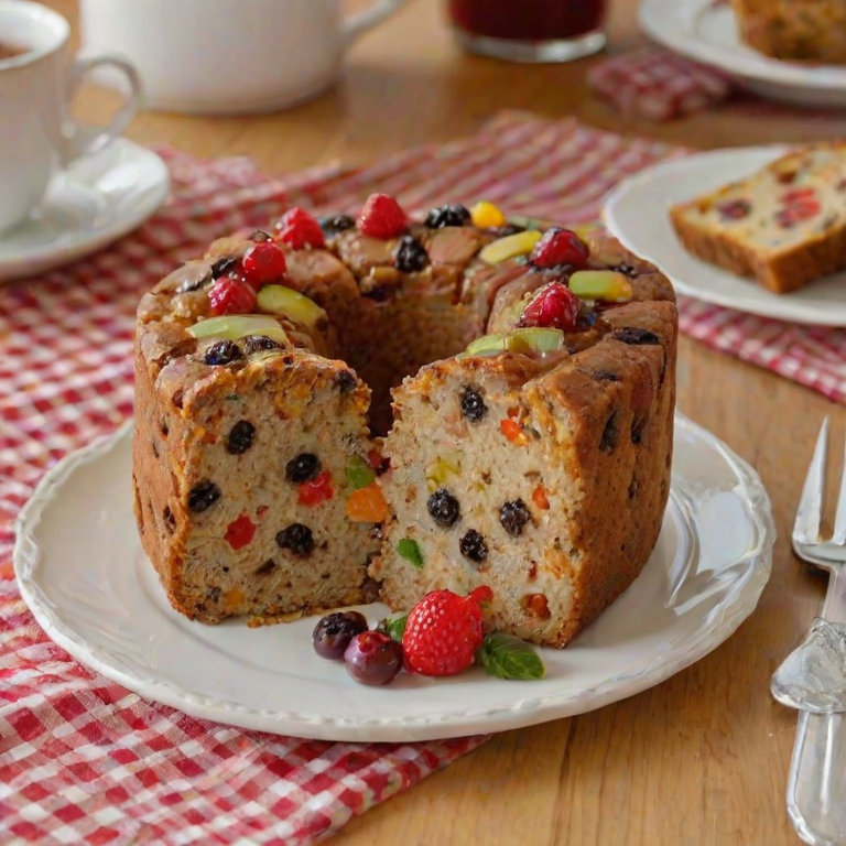 Generate an image of a freshly baked fruitcake on a white plate. The cake should have a golden-brown crust and colorful bits of mixed candied fruit visible in the slices. The setting includes a checkered tablecloth and a cozy kitchen background.