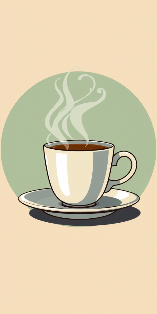 Generate a high-resolution image of a steaming cup of coffee on a saucer, illustrated in a bold, graphic style with contrasting colors against a circular background, using a DSLR camera, 50mm lens, f/1.8 aperture, ISO 100, and a natural light setting.