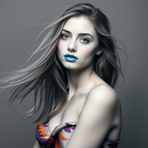 Photographic image of a beautiful young Mizrahi woman, cyan eyes, lips with cyan lipstick, long hair fluttering in the wind and wearing a silk strapless dress with a soft purple and orange print. monochrome image with only color highlights in the iris of the eyes, lipstick and dress. Gray background.