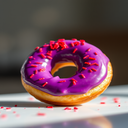 Create a high-resolution image of a frosted donut with purple icing and red sprinkles, using a DSLR camera, 50mm lens, f/2.8 aperture, ISO 100, with soft natural lighting and a shallow depth of field for a creamy bokeh effect.