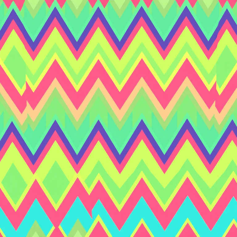 Generate a vibrant zigzag pattern with alternating colors of pink, green, blue, and yellow in high resolution, using a DSLR camera, 50mm lens, f/8 aperture, ISO 100, and a shallow depth of field to enhance the crispness of lines and colors.