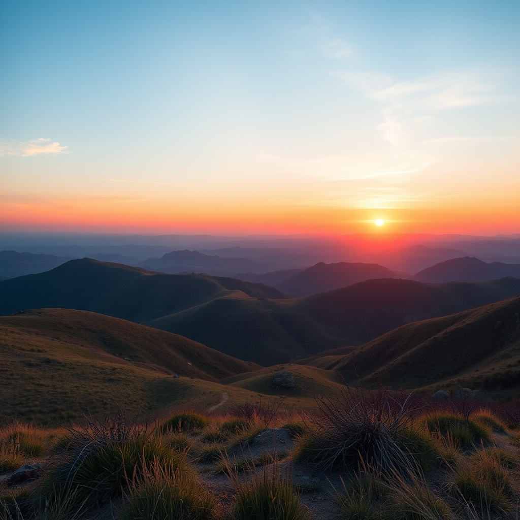 Create a high-resolution image of a serene landscape featuring rolling hills and a vibrant sunset, captured with a Canon EOS R5, 24mm lens, f/8 aperture, ISO 100, 1/100 sec exposure, using a wide-angle view to include foreground details and enhance the overall depth.