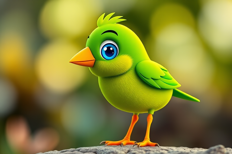Create a vibrant green cartoon bird with a yellow beak and blue eye, standing on two orange legs with stylized feathers, captured in high resolution using a DSLR camera at f/8 aperture, ISO 100, 50mm lens, in natural light with a shallow depth of field.