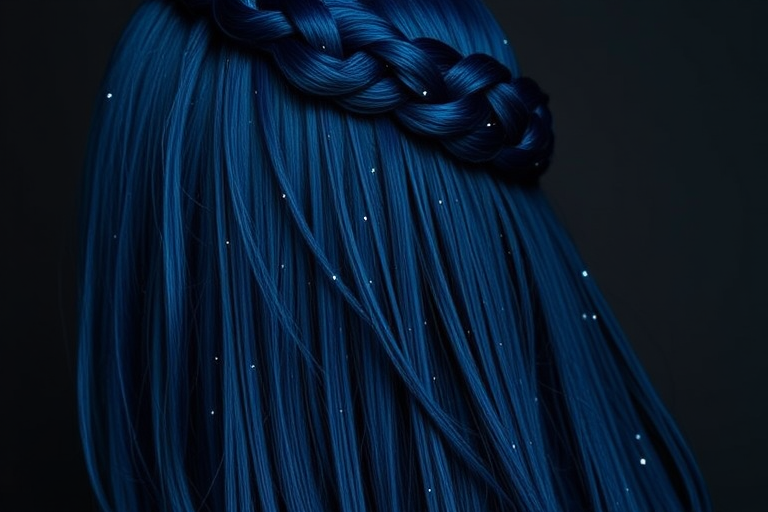 Midnight blue hair with scattered silver star-like highlights creates a captivating "Celestial Night" appearance. The long, straight locks are styled in a sleek, glass-like finish that reflects light beautifully. A section of hair is braided into an intricate crown, mimicking the Milky Way, while the rest flows freely like a river of starlight.