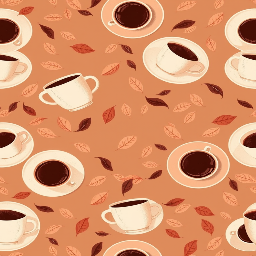 create a seamless pattern design featuring various sizes of coffee cups with saucers and scattered leaves in a warm, muted color palette, use a flat lay view, digital illustration style, camera type: digital, aperture: f/4, shutter speed: 1/125s, ISO: 100, resolution: 300dpi