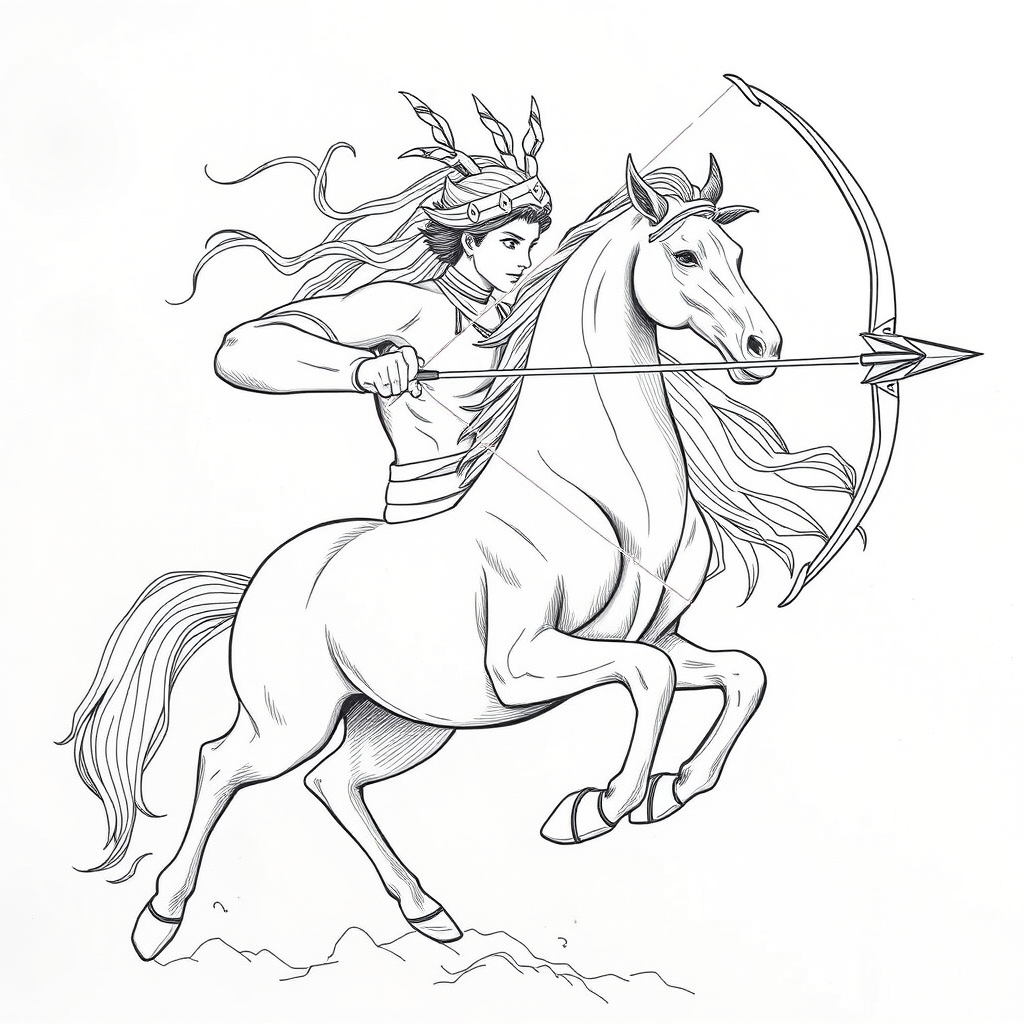 Create a highly detailed line drawing of a centaur archer poised to shoot an arrow, with dynamic movement and intricate textures, captured using a DSLR camera with a 50mm lens, f/2.8 aperture, ISO 100, in natural lighting, focusing on sharp lines and contrast.