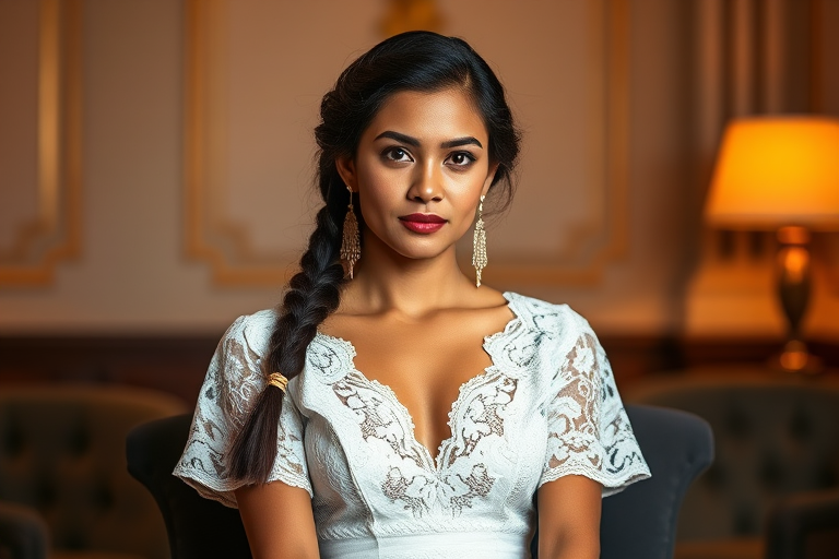 Create a portrait of a refined and elegant Cambodian woman seated in a sophisticated setting. She has long, wavy hair styled in two thick braids that are pulled over her shoulders. She wears a white, lace gown with intricate patterns, featuring a deep V-neckline and short sleeves. The dress exudes a vintage charm with its delicate lacework. She is adorned with ornate, dangling earrings that add a touch of glamour to her appearance. The background is softly lit, with warm, ambient lighting that creates a cozy and inviting atmosphere. Her expression is poised and serene, capturing a sense of grace and elegance.