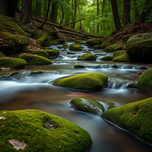 capture a serene forest stream flowing over mossy rocks with soft water cascades, use a Canon EOS 5D Mark IV, set aperture to f/8, shutter speed 1/2 second, ISO 100, in a landscape view, apply a long exposure to create a smooth water effect and enhance the vibrant greens of the moss