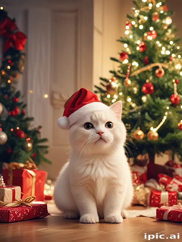 A Festive Cat in a Santa Hat Surrounded by Christmas Decorations and Gifts.
