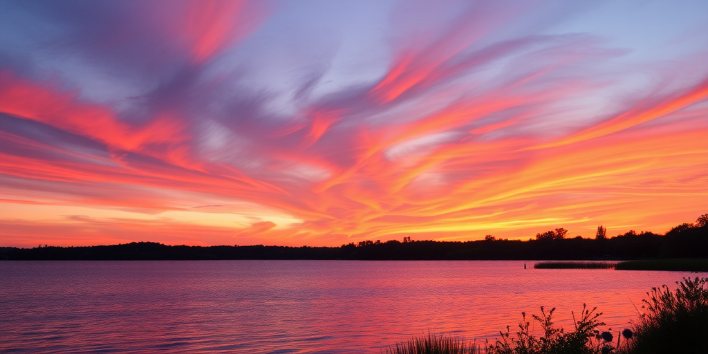 Create a high-resolution image of a scenic sunset over a calm lake with vibrant colors in the sky at golden hour, captured with a Canon EOS R5, 24mm lens, f/8 aperture, ISO 100, and a shutter speed of 1/125 seconds, using a wide-angle view for an expansive perspective.