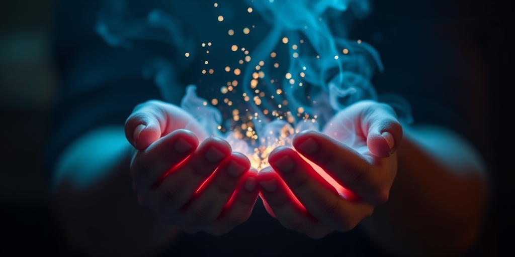 Create an image of hands holding glowing particles and smoke, using a shallow depth of field, with a Canon EOS R5 camera, 50mm lens, f/1.8 aperture, ISO 100, 1/125 sec shutter speed, soft focus background, and dramatic lighting to enhance the ethereal quality.