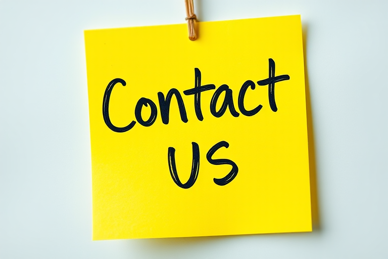 Create a bright yellow sticky note with hand-drawn text that says "Contact Us," captured in close-up using a DSLR camera at f/2.8 apertures, ISO 100, and a 50mm lens, ensuring a soft blurred background for emphasis.