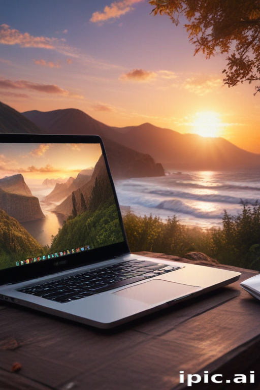 Stunning Sunset Over Mountains with Laptop Displaying Scenic Landscape View