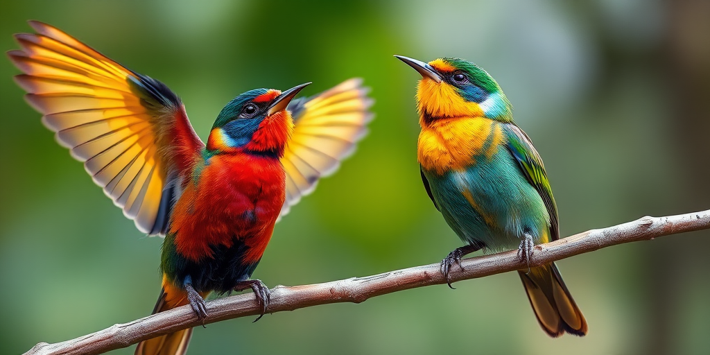 Create an image of two colorful birds perched on a branch, one with wings spread and the other singing, using a macro lens, 50mm f/2.8 aperture, ISO 100, natural lighting, shot from a low angle to enhance detail and vibrancy.