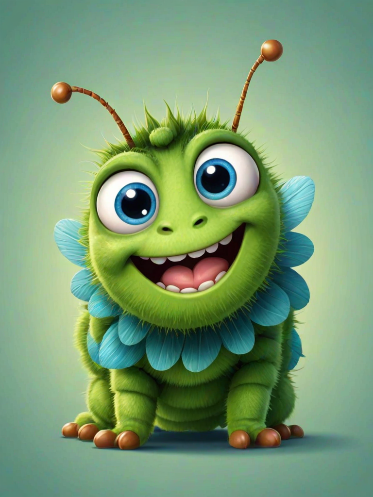 Create a cartoon-style illustration of a friendly green caterpillar with large round eyes and blue wings, smiling and looking cheerful.
