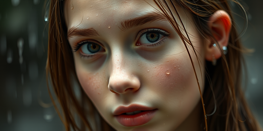 portrait of a young woman with wet hair in the rain, soft natural lighting, shallow depth of field, 85mm lens, f/1.8 aperture, ISO 100, focused on facial expression with droplets on skin, cinematic style, captured with a DSLR camera