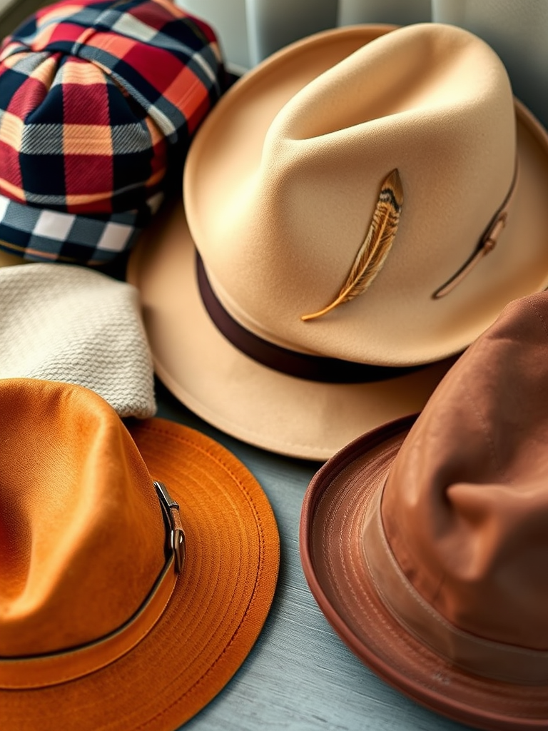Create an image of various stylish hats including a plaid fisherman's hat, a beige felt hat, a woolen wide-brimmed hat, a classic fedora with a feather, and a suede bucket hat, captured with a DSLR camera set to f/8 aperture for sharp focus, ISO 200 for minimal noise, a focal length of 50mm for depth, in soft natural light, viewed from a 45-degree angle with a shallow depth of field.