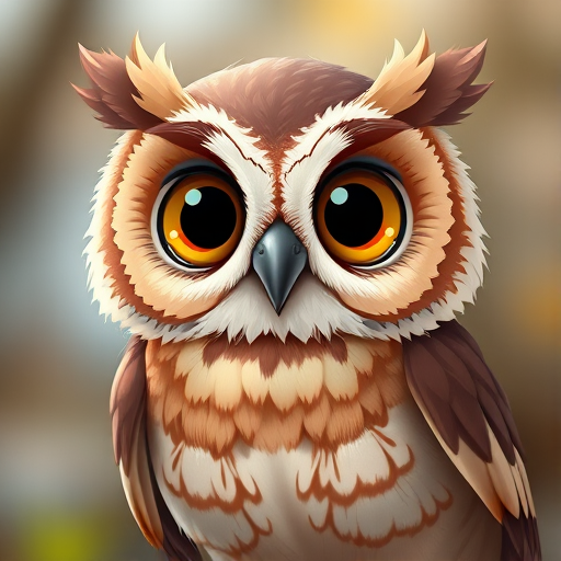 Create a highly detailed illustration of a cute cartoon owl with large expressive eyes, soft brown and cream feathers, and a friendly demeanor, captured with a DSLR camera at f/2.8 aperture, 50mm lens, in soft natural lighting for a warm glow, with a slight bokeh effect in the background to enhance focus on the owl.