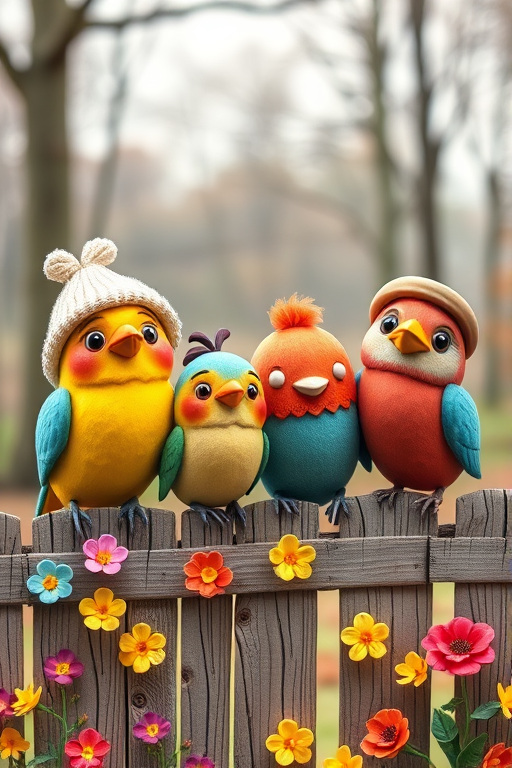 create a scene of 4 quirky  whimsical colourful comical birds each with a funny expression. they are sat on a wooden fence with colourful flowers. they are all different sizes. each one is a different colour  one is wearing a woolly hat. Each one has a different quirky google expression and there is a muted background of trees watercolour paintierly style high definition 8k resolution 3D paper mache