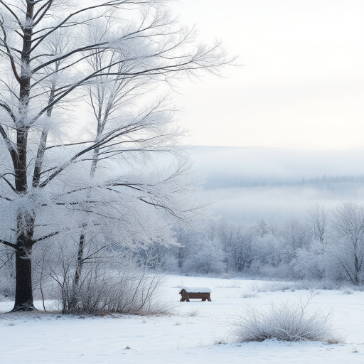 capture a winter landscape with frosted trees and misty mountains in the background, shot with a Canon EOS R5, 24mm lens at f/8, ISO 200, shutter speed 1/200s, using a wide angle perspective and a soft natural light setting to enhance the serene atmosphere