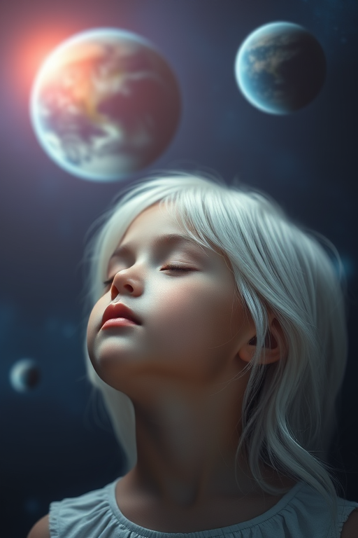 Create a serene portrait of a young girl with white hair, eyes closed in contemplation, set against a cosmic background featuring Earth and a distant planet, captured with a Canon EOS R5 at f/1.8, ISO 100, and 1/200s, using a shallow depth of field for a dreamy effect.