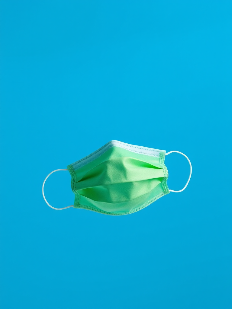 Create a high-resolution illustration of a green face mask floating against a bright blue background, using a Canon EOS R5 camera with a 50mm f/1.8 lens, ISO 100, aperture f/4, and a soft focus effect to enhance the image quality.